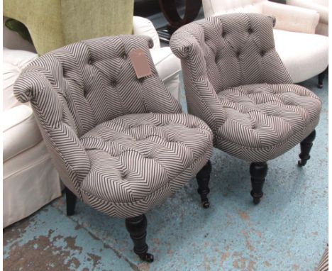 BEDROOM CHAIRS, a pair, button back in herringbone fabric on front castors, 81cm W. (2)