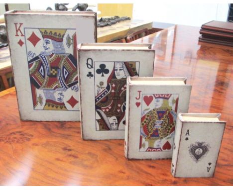 FAUX BOOKS, a set of four, Jack, Queen, King, Ace, playing card designs, largest 36cm x 27cm. (4)
