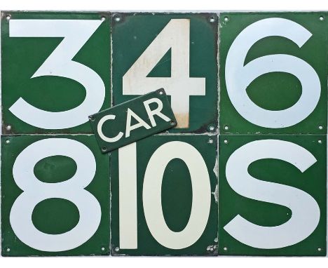 Set of British Railways (Southern Region), possibly Southern Railway, enamel CAR STOP SIGNS 3, 4, 6, 8, 10 &amp; S. Possibly 
