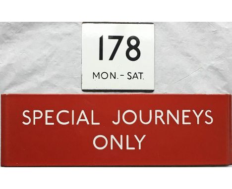 London Transport bus stop enamel E-PLATE for route 178 Mon-Sat and G-PLATE 'Special Journeys Only'. Both plates are in excell