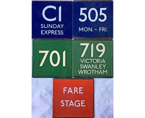 Selection of London Transport bus stop enamel E-PLATES comprising C1 Sunday Express, 505 Mon-Fri (both with blue background),