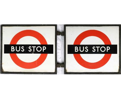 1940s London Transport enamel BUS STOP FLAG (compulsory). A double-sided sign comprising two plates in a bronze frame. Measur