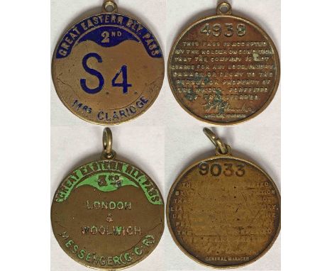 Pair of Great Eastern Railway (GER) brass/enamel PASS MEDALLIONS, the first is 2nd class, 'S4 Mrs Claridge', serial no 4938, 