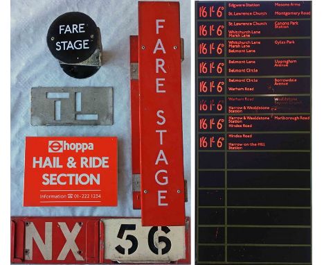Box of London bus SIGNS &amp; PLATES comprising bus stop Fare Stage enamel signs (1960s &amp; 1970s versions), late 1960s tra