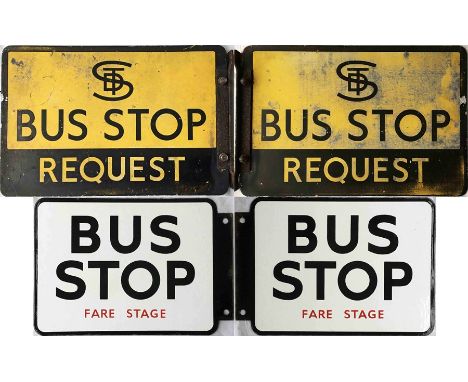 Pair of BUS STOP FLAGS, both double-sided, the first an alloy 'STD Bus Stop Request' (operator unknown) measuring 18" x 12" (