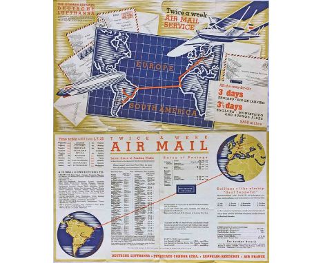 1935 Deutsche Lufthansa (German Airways) fold-out BROCHURE for Air-mail services by plane &amp; airship from Britain ('Englan