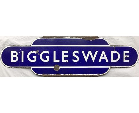British Railways (Eastern Region) enamel STATION TOTEM SIGN from Biggleswade, a former GNR station on the East Coast main lin