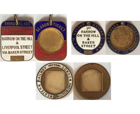 Selection of enamel-on-brass railway SEASON TICKET MEDALLIONS comprising Metropolitan Railway, 3rd-class, Harrow on the Hill 