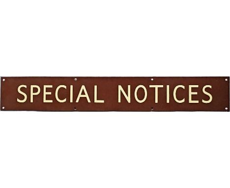 British Railways (Western Region) enamel HEADER PLATE 'Special Notices'. Measures 27" x 4" (69cm x 10cm) and is in excellent,