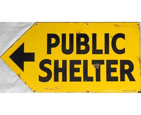 WW2 ENAMEL SIGN 'Public Shelter' with an arrow to direct people to shelter during war-time air-raids. Dates from the dark day