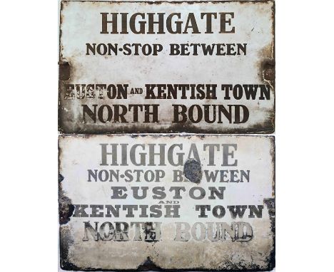Very early London Underground ENAMEL SIGN 'Highgate Non-Stop between Euston &amp; Kentish Town Northbound'. Double-sided with