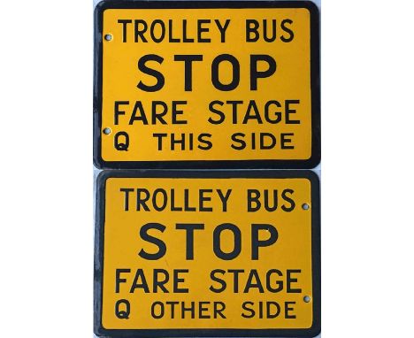 Enamel Trolley Bus STOP FLAG with additional wording 'Fare Stage' &amp; 'Q This Side/Other Side'. A double-sided sign, we thi