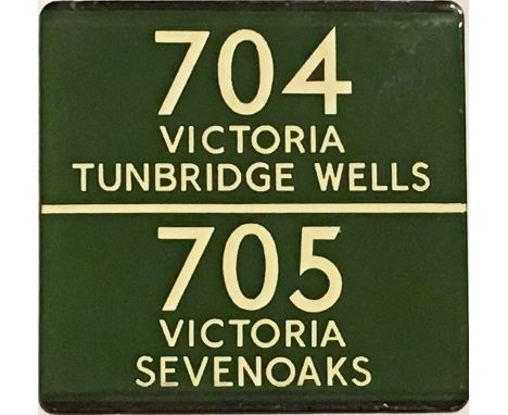 London Transport coach stop enamel E-PLATE for Green Line routes 704 destinated Victoria, Tunbridge Wells and 705 destinated 