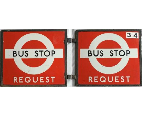 1930s/40s London Transport enamel BUS STOP FLAG 'Request'. A double-sided sign comprising two plates in a bronze frame. The w