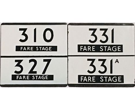 Pair of London Transport bus stop enamel E-PLATES, the first for routes 310/327, both annotated 'Fare Stage' and the second f