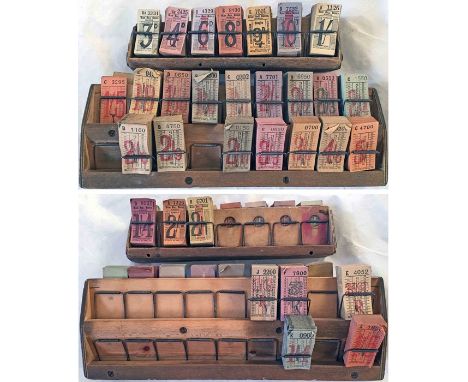 Pair of bus conductor's wooden TICKET-RACKS, double-sided, with spring loaded compartments, the first a 32-section (4 x 8), d