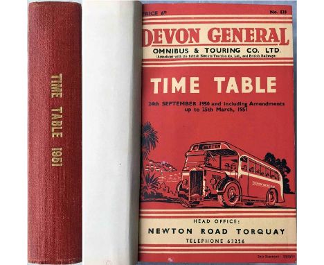 1951 officially-bound volume of TIMETABLES for Devon General Omnibus &amp; Touring Co Ltd. Contains all the timetable booklet