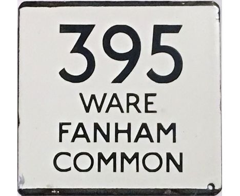 London Transport bus stop enamel E-PLATE for route 395 destinated Ware, Fanham Common. Likely to have been located at Hertfor