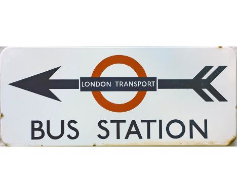 1950s London Transport ENAMEL SIGN 'Bus Station' with a two-flighted arrow piercing the LT bullseye. These directional street