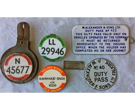 Selection of bus BADGES &amp; PASSES comprising 3 x PSV badges, one in well-used holder, plus 2 x W Alexander &amp; Sons enam