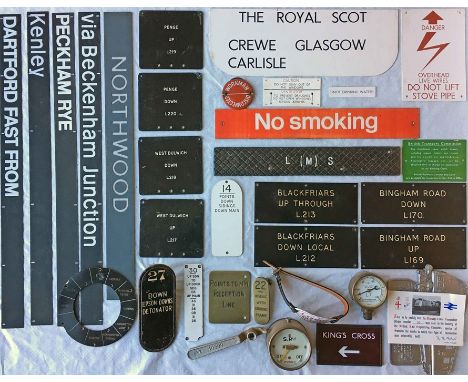 Box of railway (mainly) &amp; Underground small SIGNS, PLATES, GAUGES etc. Includes an LMS signal-box treadplate, other signa