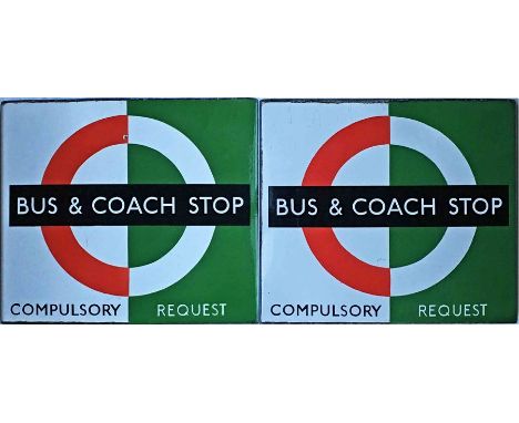 London Transport enamel BUS &amp; COACH STOP FLAG (bus compulsory, coach request). A 1950s/60s 'bullseye'-style, double-sided