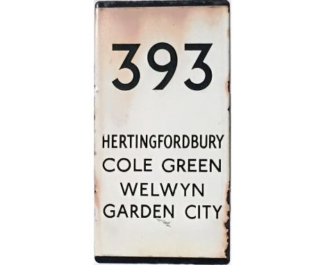 London Transport bus stop enamel E-PLATE for route 393 destinated Hertingfordbury, Cole Green, Welwyn Garden City. A double-v