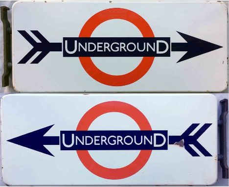 1950s London Transport ENAMEL SIGN 'UndergrounD' with a two-flighted arrow piercing the LT bullseye. These directional street