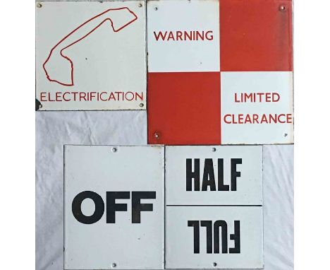Small selection of RAILWAY ENAMEL SIGNS comprising 'Electrification' with a phone symbol (9" or 23cm square), 'Warning, Limit