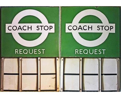 London Transport enamel COACH STOP FLAG (Request). A 1950s/60s 'bullseye'-style, E6-size, double-sided 'boat'-type flag compl