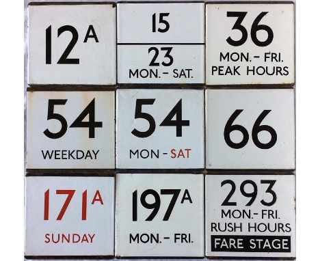 Selection of London Transport bus stop enamel E-PLATES comprising 12A, 15/23 Mon-Sat, 36 Mon-Fri Peak Hours, 54 Weekday, 54 M