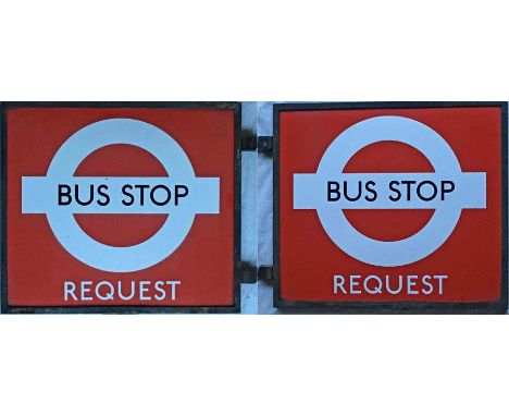 1940s London Transport enamel BUS STOP FLAG 'Request'. A double-sided sign comprising two plates in a bronze frame. Measures 