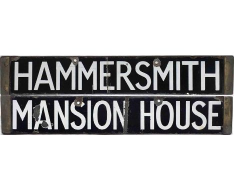 London Underground enamel Q-Stock CAB DESTINATION PLATE 'Hammersmith / Mansion House' from the District Line. A double-sided 