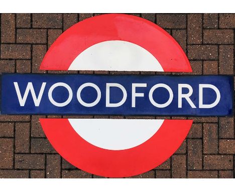 London Underground enamel PLATFORM BULLSEYE SIGN from Woodford station on the Central Line. The sign is likely to date from 1