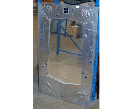 A FINE ARTS & CRAFTS PEWTER FRAMED WALL MIRROR WITH EMBOSSED GLASGOW ROSE & BIRD DESIGN & ENAMEL DECORATION, SIGNED J.R.T. (P