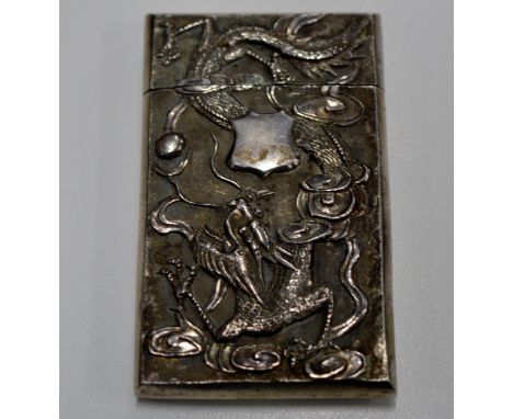 A CHINESE SILVER CARD CASE WITH RELIEF DECORATION, THE FRONT DEPICTING A DRAGON CHASING A PEARL, WITH A VACANT CARTOUCHE & TH