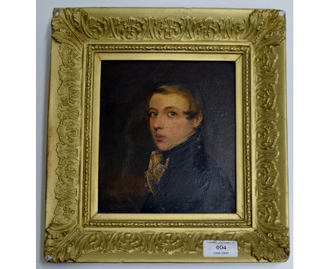 7¼" X 6¼" OLD GILT FRAMED OIL PAINTING ON BOARD - A PORTRAIT OF A YOUNG GENTLEMAN     