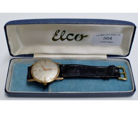 VINTAGE ELCO GENTS 9 CARAT GOLD CASED PRESENTATION WRIST WATCH ON LEATHER STRAP WITH ORIGINAL BOX - PRESENTED TO JOHN HOWATSO