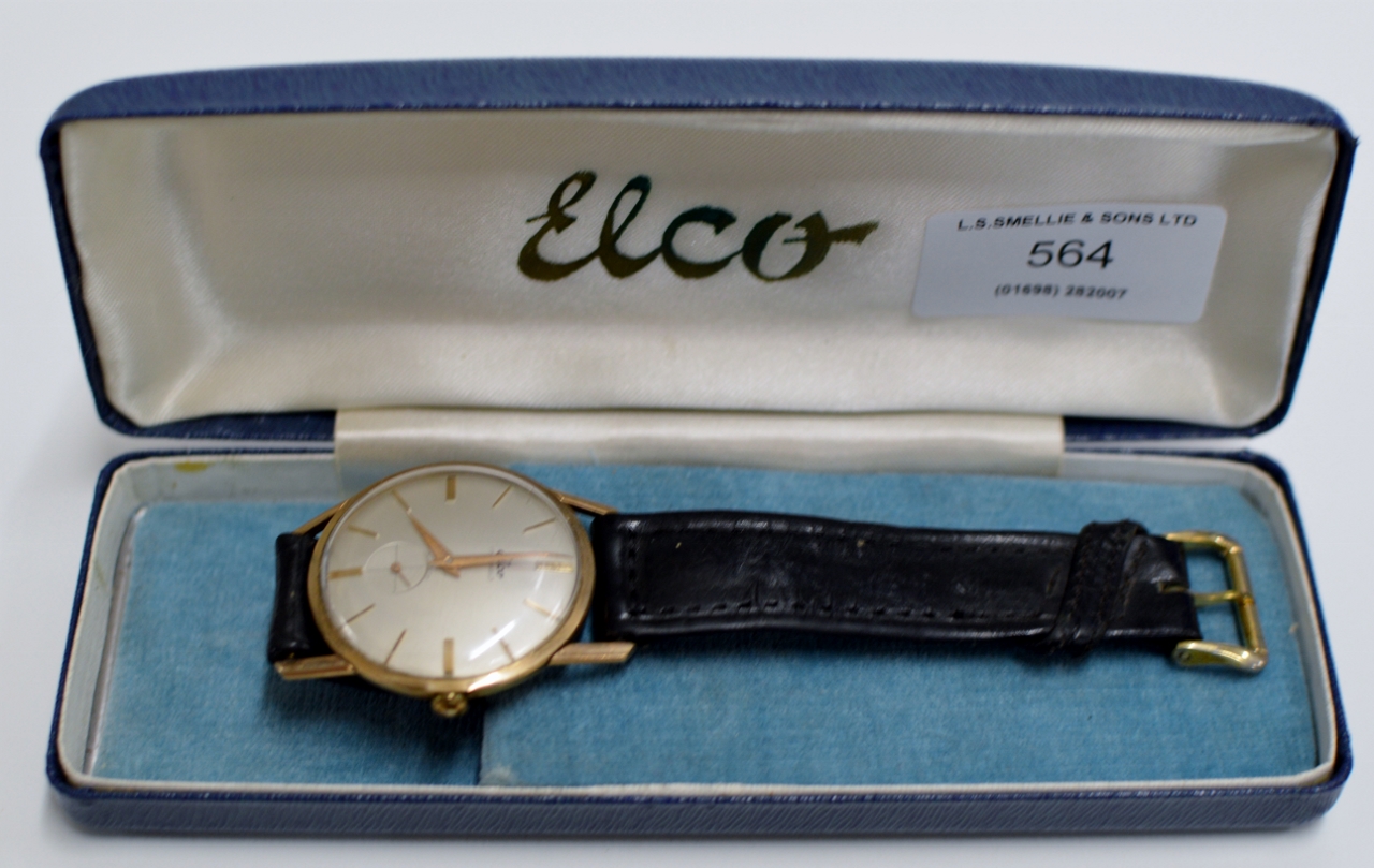 VINTAGE ELCO GENTS 9 CARAT GOLD CASED PRESENTATION WRIST WATCH ON