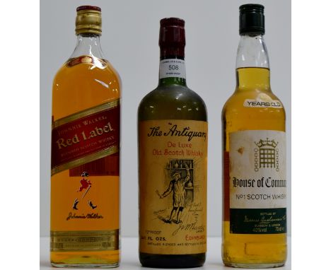 A 3 BOTTLE WHISKY SELECTION COMPRISING JOHNNIE WALKER RED LABEL - 1 LITRE, 40% VOL, THE ANTIQUARY DELUXE OLD SCOTCH WHISKY 26