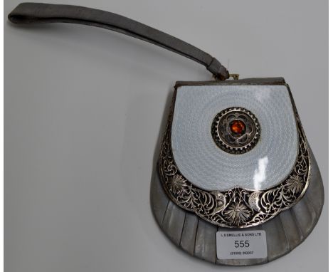 A FINE & ORNATE ART DECO SILVER & GUILLOCHE ENAMEL LADIES LEATHER PURSE OR EVENING BAG SET WITH A CAIRNGORM STONE     
