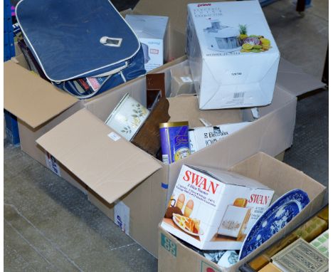 3 BOXES CONTAINING KITCHEN MIXER, VARIOUS TINS, TEA WARE, EPNS WARE, BRASS BELL, OLD RECORDS & GENERAL BRIC-A-BRAC     