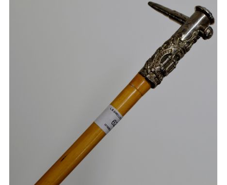 35½" MILITARY WALKING STICK WITH THE HANDLED MODELLED AS A BULLET - SCOTTISH KINGS OWN BORDERERS     