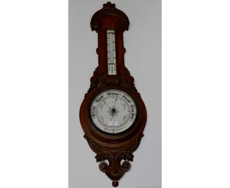 36½" OAK CASED COMBINATION ANEROID BAROMETER THERMOMETER BY LENNIE, EDINBURGH     