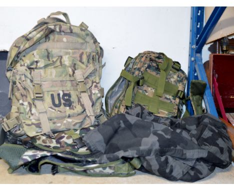 VARIOUS ARMY FIELD GEAR, CAMO TROUSERS, US CAMO RUCKSACK, 1 OTHER RUCKSACK ETC     