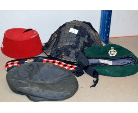 ARMY HELMET, GLENGARRY STYLE HAT, 1 OTHER MILITARY CAP & 2 OTHER HATS     