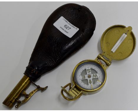 AN OLD LEATHER & BRASS GUN POWDER FLASK, TOGETHER WITH A VINTAGE ENGINEERS DIRECTIONAL COMPASS     