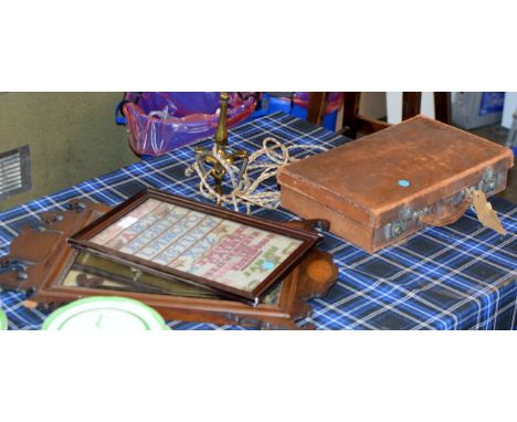 LOT COMPRISING A MAHOGANY FRAMED SEWN SAMPLER DATED 1931, AN INLAID MAHOGANY WALL MIRROR, A VINTAGE LEATHER CASE & A BRASS FI