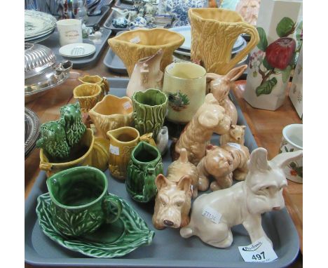 Tray of Sylvac pottery to include: a harvest jug decorated with corn ears and a mouse, with a matching double stemmed vase an