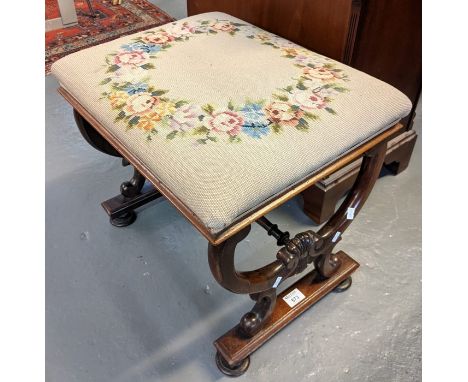 Victorian rosewood upholstered floral tapestry stool having turned stretcher on turned circular feet. (B.P. 21% + VAT) 